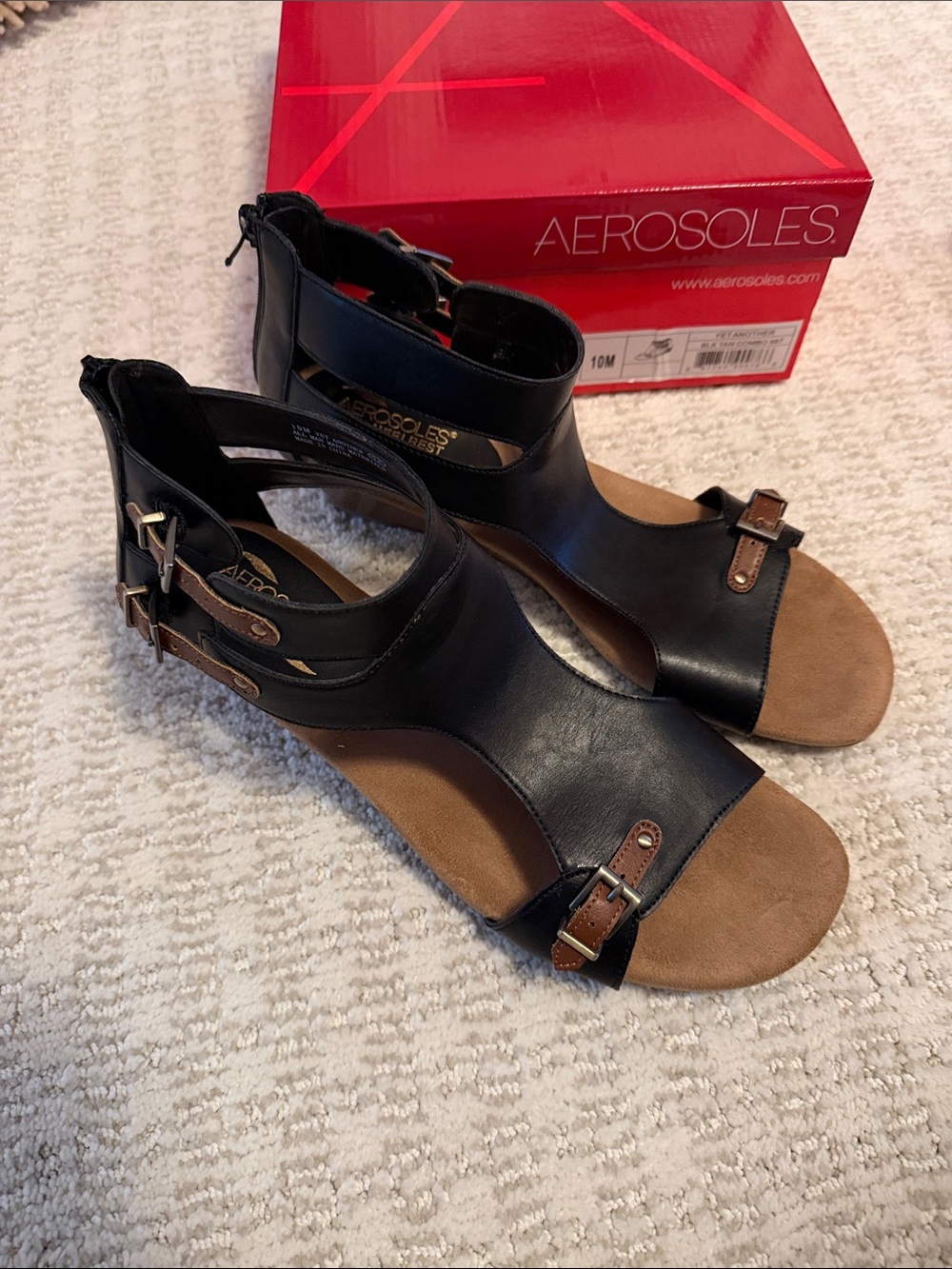 AEROSOLES Black and Tan Leather T-Strap Buckle Sandals